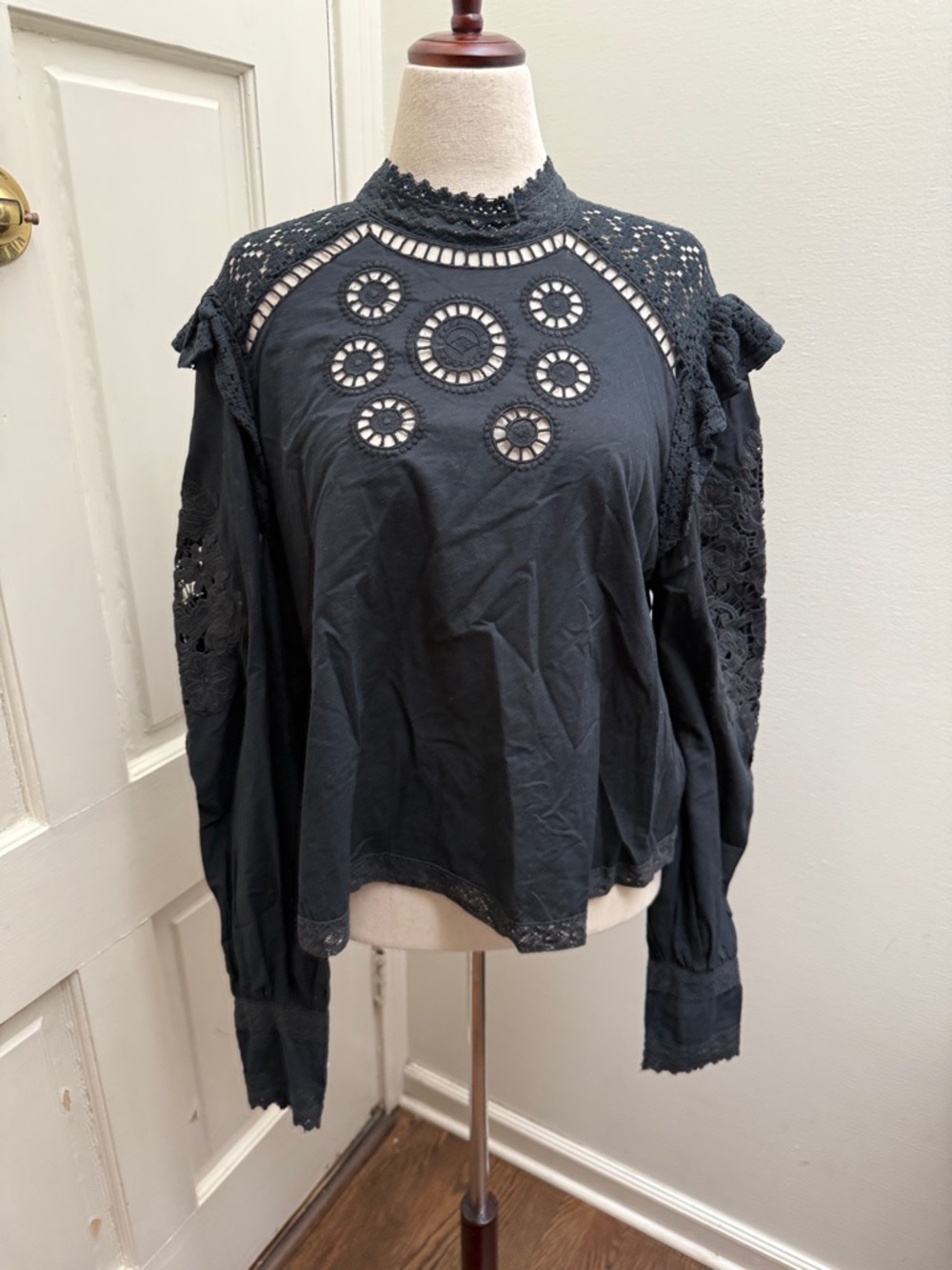 FARM Rio Black Crochet Yoke Lace-Inset Long Sleeve Top